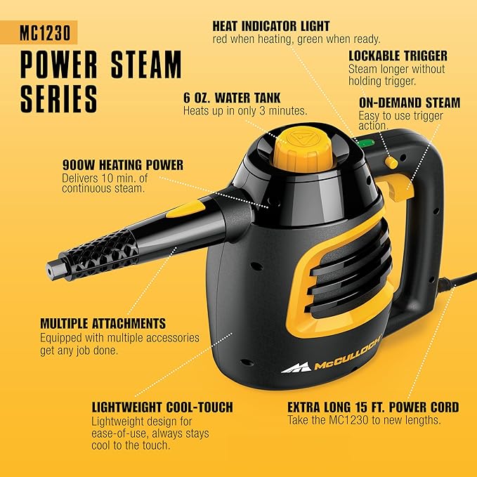 McCulloch MC1230 Handheld Steam Cleaner 10 Minute Runtime 11 Accessories: Jet Nozzle Brushes &amp More - Built for Home Tile Grout Carpet Furniture &amp Personal Car Detailing