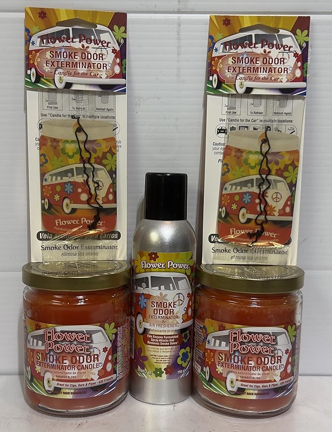 Smoke odor Exterminator Flower Power Includes Two 13 oz Jar Candles of Flower Power &amp one 7 oz Spray &amp Two Car Hangers All (5) Items in One Bundle.