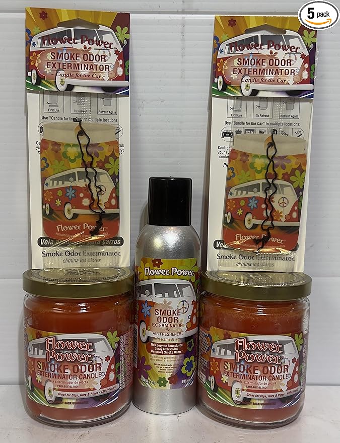 Smoke odor Exterminator Flower Power Includes Two 13 oz Jar Candles of Flower Power &amp one 7 oz Spray &amp Two Car Hangers All (5) Items in One Bundle.