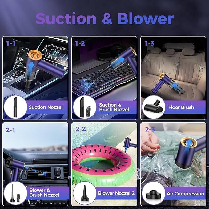 Handheld Car Vacuum Portable Cordless18000PA High Power Vacuum Cleaner with Brushless Motor.7 in 1 Mini Hand Held Vacuum Rechargeable AirDuster/Blower for CarHomeOficePet