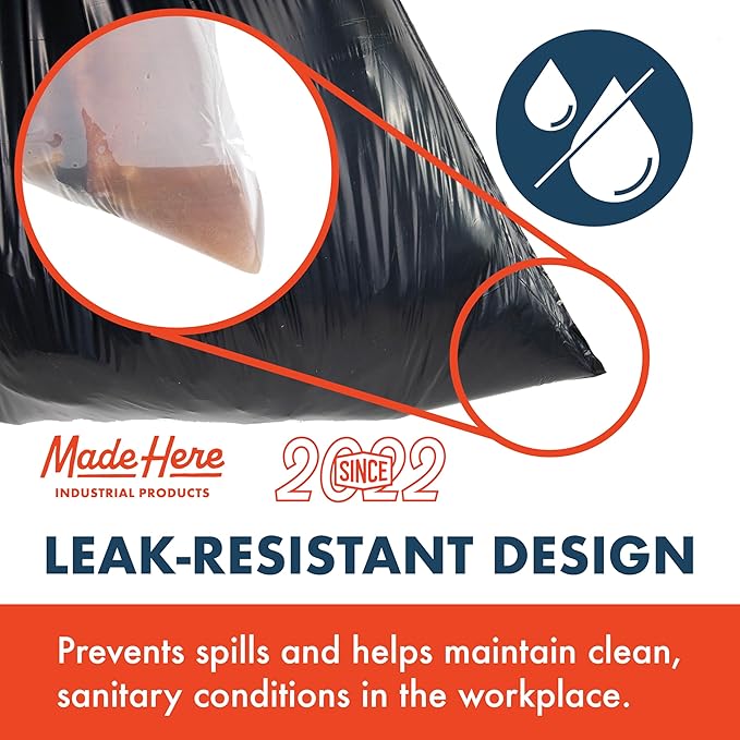 Made Here 55 Gallon Heavy Duty Commercial Trash Bags with Drawstring – Black Waste Can Liners for Office Janitorial and Facility Use Leak-Resistant 100 Count