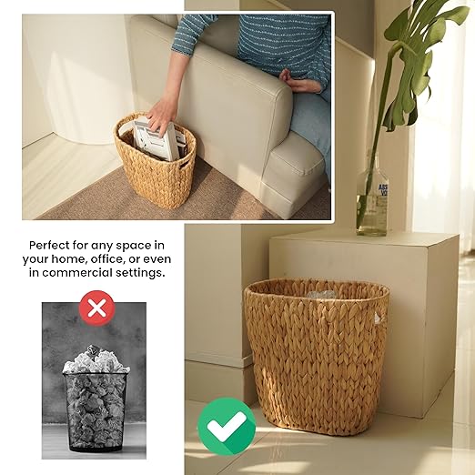 4 Gallons Wicker Waste Basket for Bathroom - Water Hyacinth Wicker Trash Can – Kitchen Bathroom Garbage Can Oval Magazine Basket - Desk Trash Can Office Garbage Can with Open Top Handles