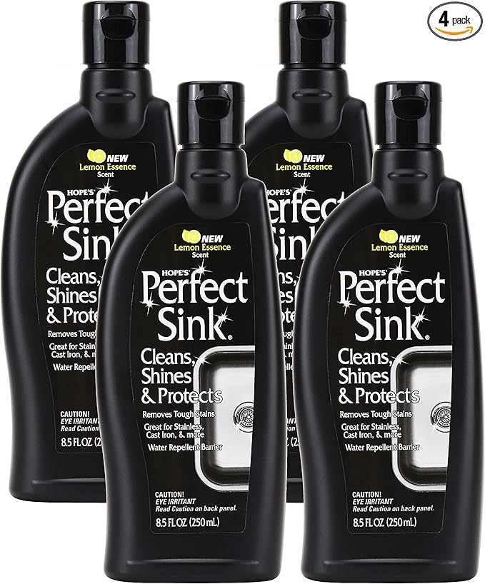 HOPE'S Perfect Sink Cleaner and Polish Restorative Water-Repellant Removes Stains Ideal for Brushed Stainless Steel Cast Iron Porcelain Corian Composite Acrylic 8.5 oz 4 Pack