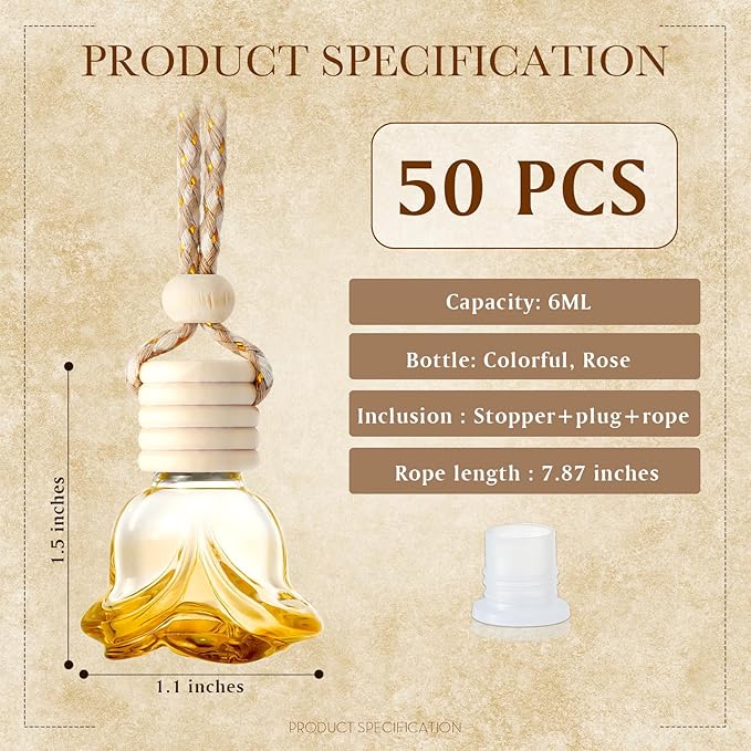 BBTO 50 Pcs Hanging Car Air Freshener Diffuser Bottles Empty Glass Perfume Bottle Pendant for Essential Oil (Colorful Rose)