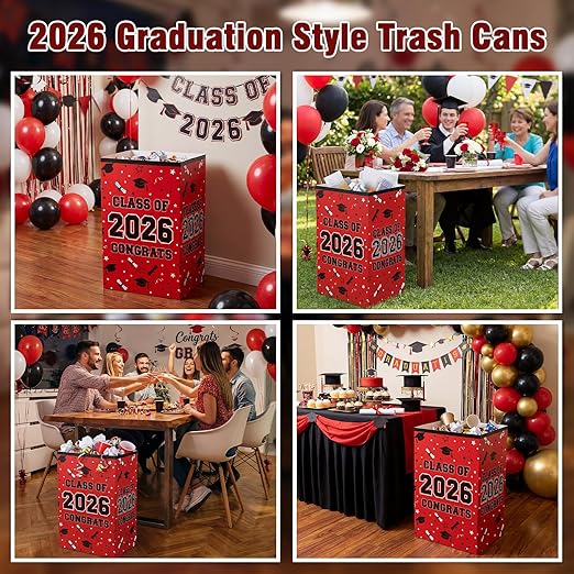 Tinlade 6 Pack 2026 Red and Black Graduation Decorations 13 Gallon Disposable Trash Cans Class of 2026 Party Garbage Bins Large Waterproof Foldable Recycle Pop up Bins for Graduation Party School