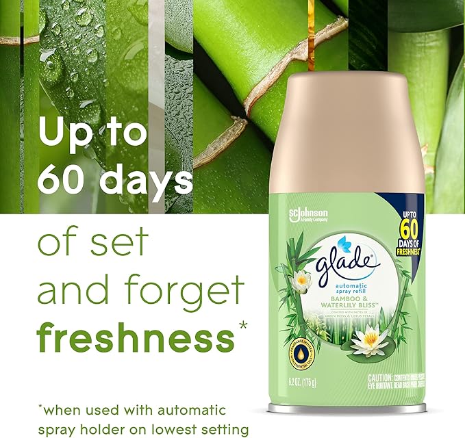Glade Automatic Spray Refill Air Freshener for Home and Bathroom Bamboo &amp Waterlily Bliss 6.2 Oz 3 Count