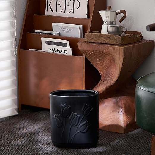 Black Ceramic Tulips Small Bathroom Trash Can 2.6 Gal (10 Liter) - Heavy &amp Decorative Garbage Bin for Bathroom Kitchen Office Bedroom &amp Living Room Corner