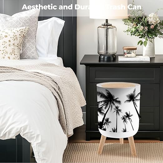 Bathroom Trash Can with Lid Black White Photo Palm Trees Garbage Bin Waste Basket for Kitchen Office Bedroom Decoration Diaper Pail 1.8 Gallon
