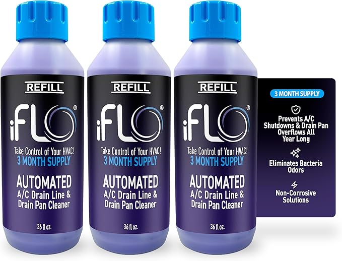 iFLO® Smart A/C Drain Line Cleaner and Drain Pan Cleaner Cartridge Fast-Acting Long-Lasting HVAC System Solution for Tough Clogs &amp Buildup 3-Month Supply per Bottle 3 Pack of 36oz