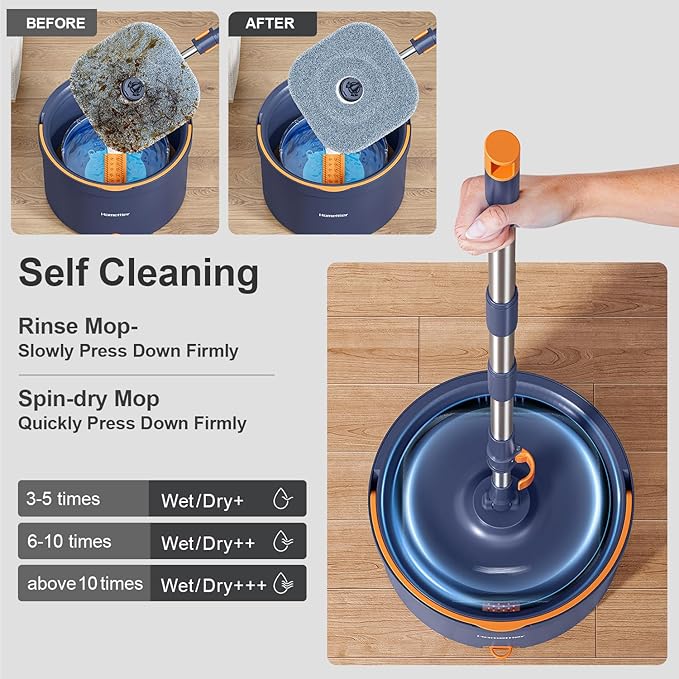 Spin Mop and Bucket Set Mop Bucket with Separate Dirty Water System Deep-Cleaning Mops for Floors/Wall Versatile Mops with 6 Microfiber Mop Pads