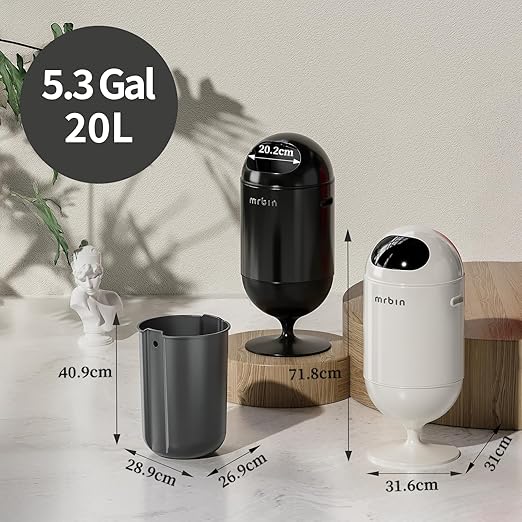 MRBIN Metal Trash Can with Lid 5.3 Gallons / 20L Medium Decorative Waste Basket Round Tall Garbage with High Leg for Bathroom Office Bedroom Kitchen Black