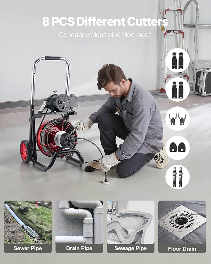VEVOR Drain Cleaner Machine 100 FT x 1/2 Inch Auto Feed Sewer Snake Auger on Wheels - with 8 Cutters &amp Air-Activated Foot Switch for 2 to 6 Pipes