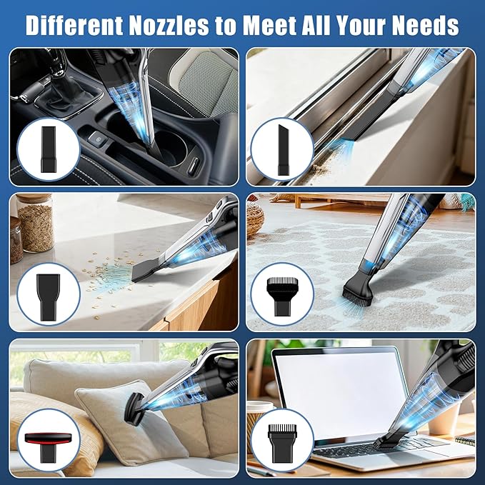 Car Vacuum Handheld Vacuum Cordless with Powerful Suction Type-C Charge 2 Suction Modes 6-in-1 Portable Mini Vacuum for Home Car Office Desk Keyboards
