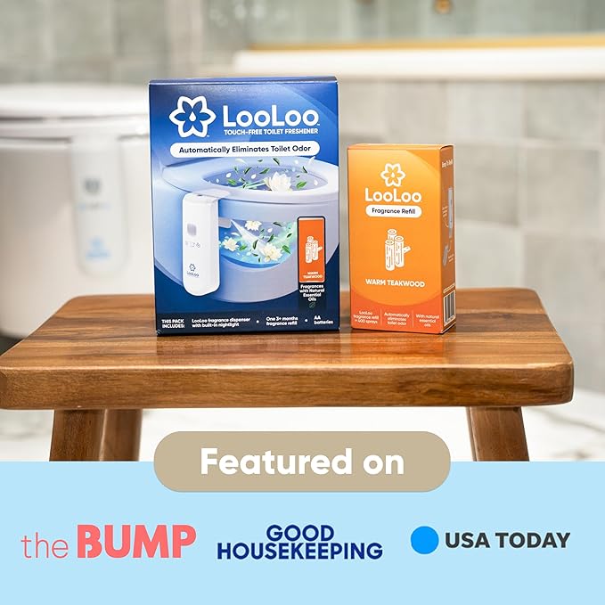 LooLoo 3.0 Touch Free Toilet Freshener Automatic Air Freshener Spray for Bathroom Starter Kit with Light and Toilet Deodorizer Bathroom Spray Odor Eliminator - Warm Teakwood