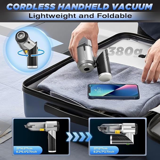 Saker Handheld Car Vacuum Portable Cordless17000PA Mini Air Duster Blower Rechargeable Foldable Vacuum Cleaner with Brushless Motor for Home Office Pet HL132 Black