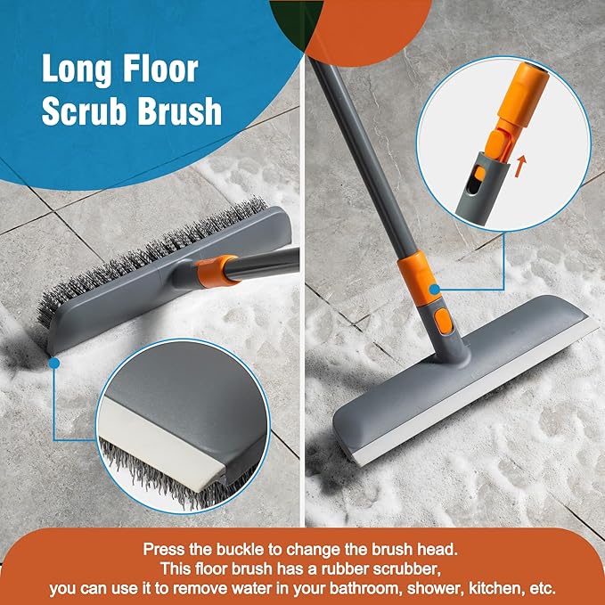 Floor Scrub Brush Tile Tub Scrubber Brush with 4 Different Cleaning Heads Shower Brush with 56” Extendable Long Handle Scrubbers for Cleaning Kitchen Bathroom Tub Tile Wall