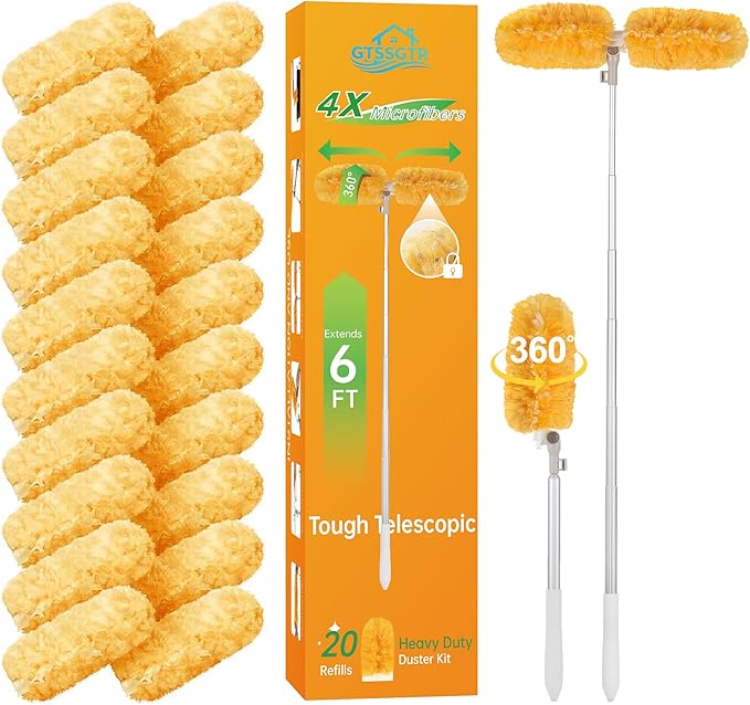 6 ft Extendable Duster Handle with 20 Pcs 360° Heavy Duty Duster Refills Kit for Swiffer 4X Electrostatic Microfiber for Cleaning Home Effortlessly Reach Ceilings Fans &amp Hard-to-Reach Areas