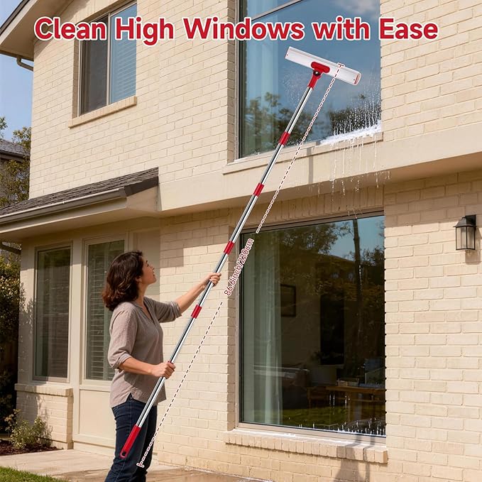 Window Cleaner Tool Set 86.6'' Window Washing Kit with 6-Section Extension Pole Window Cleaning Tool with 2 Sizes of Rubber Squeegees Window Squeegee for Home Car Glass Window Cleaning