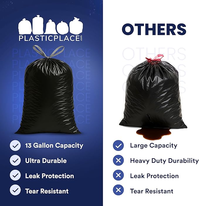 Plasticplace 13 gallon Extra Tall Drawstring Kitchen Trash Bags | Black 1.2 Mil 24W x 31H (200Count)