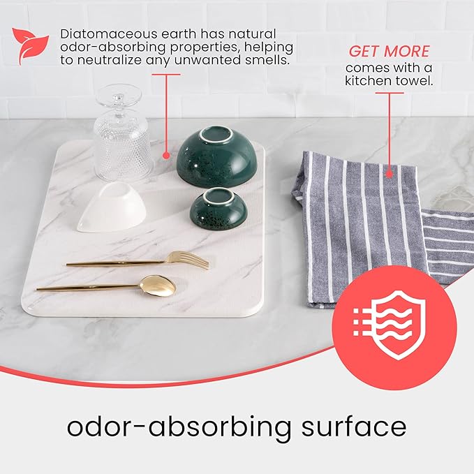 Stone Drying Mat for Kitchen Counter – Diatomaceous Earth Dish Drying Stone (White Marble) – Modern Countertop Drying Rack – Water Absorbent Heat Resistant Non-Slip Kitchen Mat with Towel (16x12)