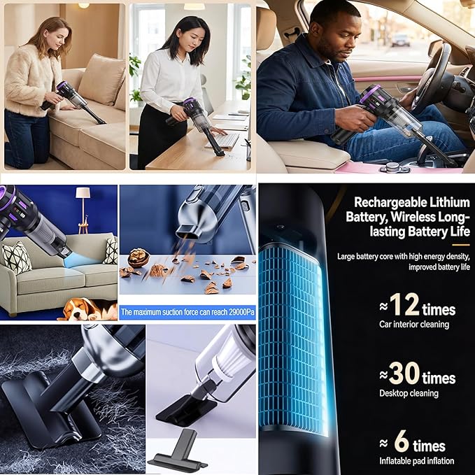 Airpollo® Car Vacuum Portable Cordless Handheld Cleaner Aspiradora para Carro 4 in 1 with LED Screen V2 Portable 29000 Pa Suction Air Blower Rechargeable High Power for Home Long Lasting Battery