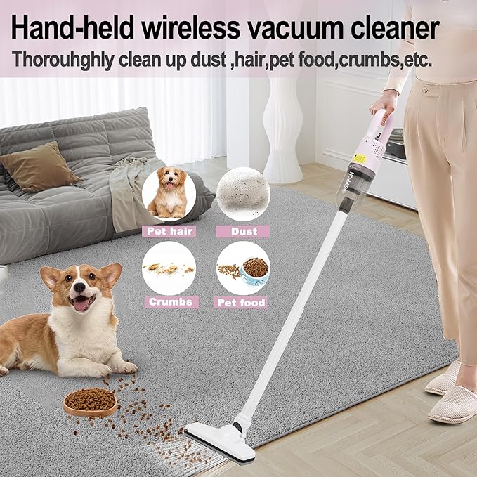 6-in-1 Lightweight Stick Vacuum Cleaner with 100W Powerful Motor Mini Portable Household Handheld Vacuum Cleaner for Domestic Hard Floors Carpets and Pet Hair(Pink Cordless with Plug)