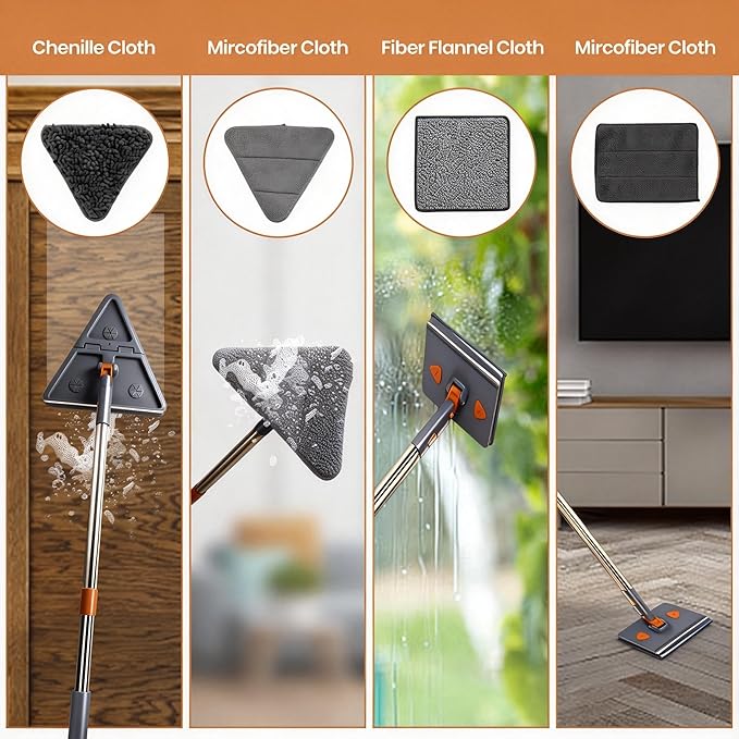 85'' Wall &amp Ceiling Mop with Long Handle Wall and Baseboard Cleaner Tool 2 Mop Heads (Triangle Corner + Square) 8 Reusable Washable Pads (Chenille/Microfiber/Scrub) for Shower Walls Tile Floo