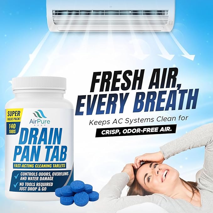 Air Pure Drain Pan Tabs - 140 Flow Treatment Tablets for HVAC &amp AC Condensate Pan Treatment | Prevents Overflow Cleans Drain Lines &amp Eliminates Odors