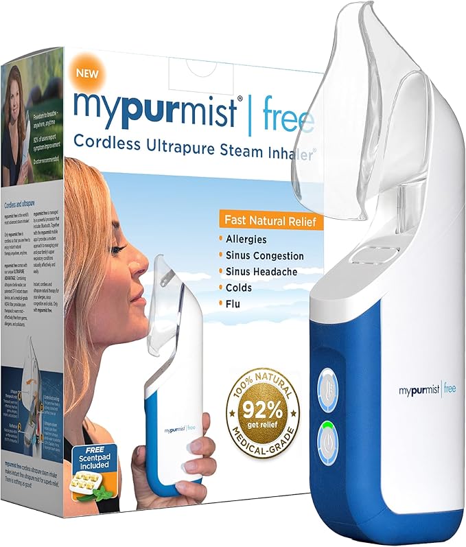 Mypurmist Free Ultrapure Cordless Steam Inhaler - Handheld Personal &amp Battery-Powered Steamer Vaporizer &amp Humidifier for Sinus Relief Nasal Congestion Cold &amp Cough Vocal Care