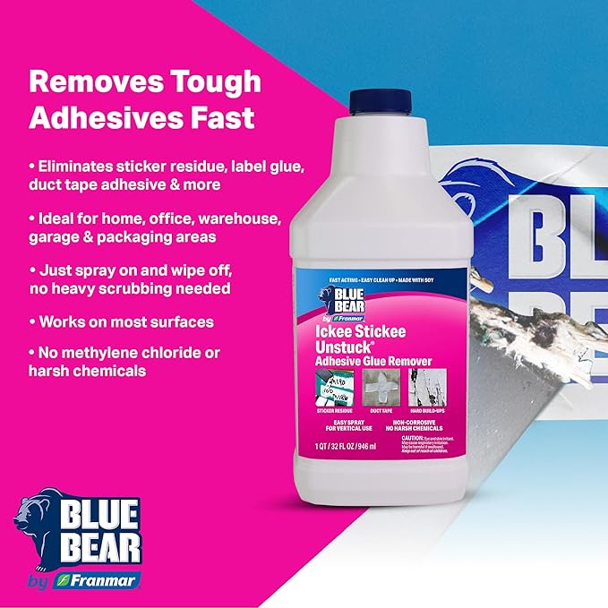 Blue Bear Ickee Stickee Unstuck Adhesive Remover – Fast-Acting Low-Odor Natural Citrus &amp Soy Formula – Removes Sticker Label Tape &amp Glue Residue from Most Hard Surfaces (1 Quart)