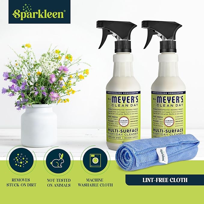 Mrs. Meyers Multi-Surface All Purpose Cleaner Set Multi-Purpose Cleaner 2 Pack 16 oz. Lemon Verbena Spray and Cloth Set Bundle for Bathroom Living Room or Bedroom