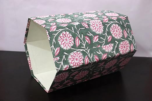 Generic Floral Hand Block Print Paper Dustbin Cotton Printed Wastebasket Indian Vintage Home Decor Hotel Room Decor (1 Green Pink)