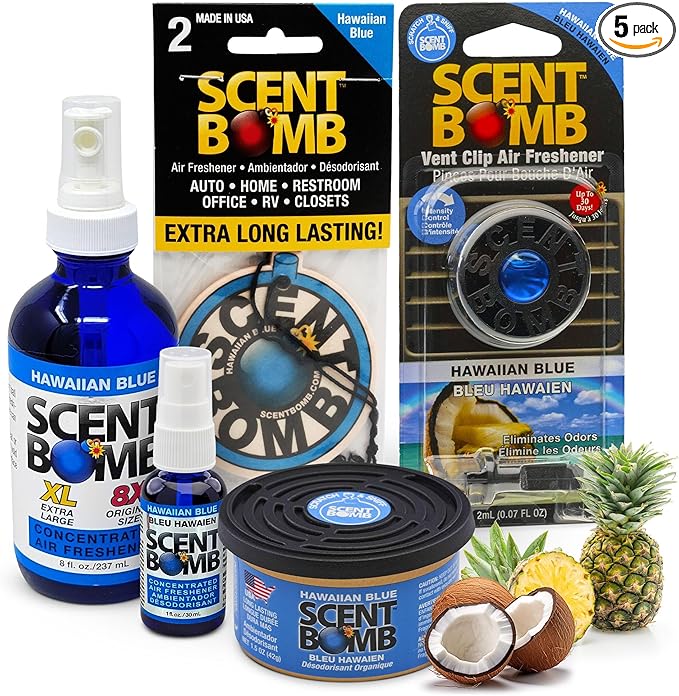 Scent Bomb Air Freshener Bundle - 1 oz &amp 8 oz Bottle Sprays Vent Clip Organic Cans Hanging Circle - Continuous Freshness &amp Long-Lasting Odor Eliminator for Car Home Bathroom - Hawaiian Bl