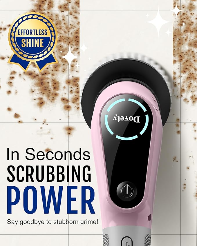 Dovety Electric Spin Scrubber Cordless Cleaning Brush Shower Scrubber with 8 Replaceable Brush Head Power Cleaning Brush with Extension Handle 2 Adjustable Speed for Bathtub Grout Tile Floor
