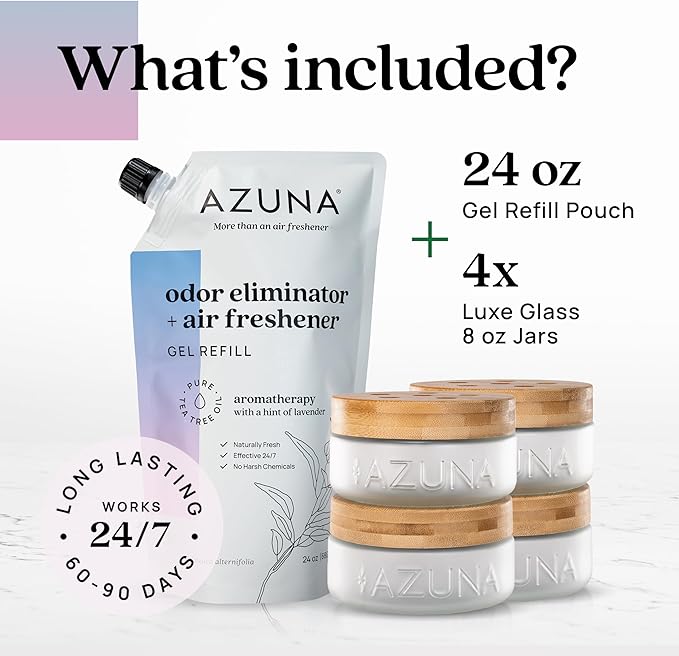 Azuna Air Freshener &amp Odor Eliminator for Strong Odor | 4 Room Kit Includes (4) Empty Luxe Glass Jar &amp 24oz Gel Refill with Tea Tree Essential Oil | Aromatherapy | Last 60-90 Days