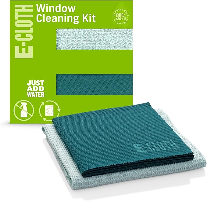 E-Cloth 3-Pack Window Cleaning Cloth - Streak-Free Glass &amp Mirror Cleaning Kit with Just Water Glass Cleaning Cloth Microfiber Towel Kit for Windows Car Windshield Mirrors - Alaskan Blue