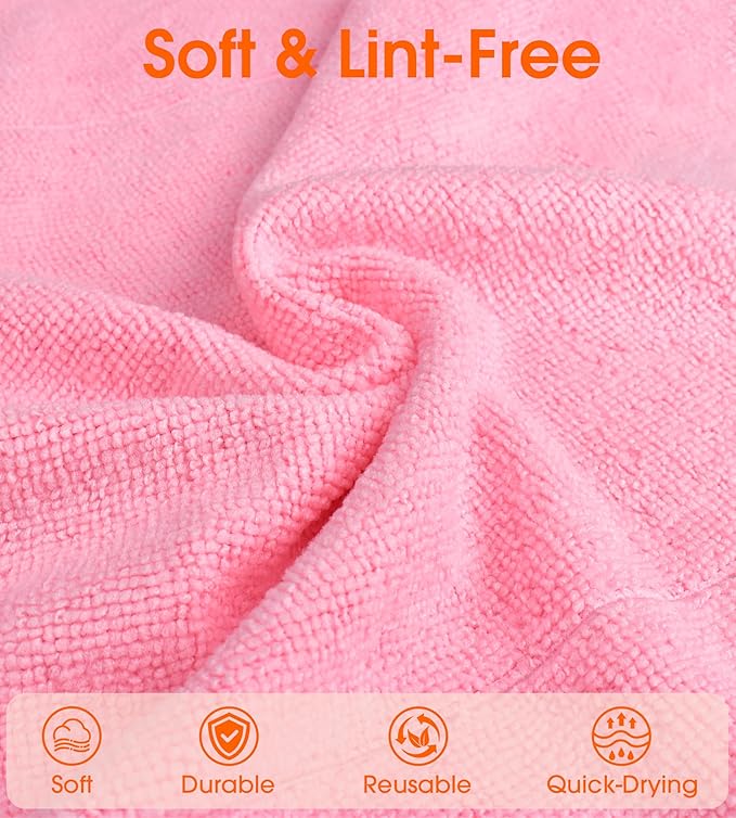 Microfiber Cleaning Cloth Roll - 100 Pack Tear Away Microfiber Paper Towels Reusable Washable Scratch-Free Kitchen Towels for Car Home Kitchen Glass Dishes(Pink)