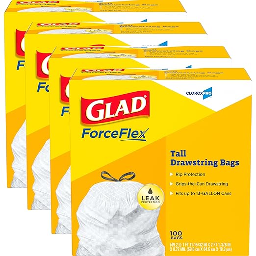 CloroxPro Glad ForceFlex 13 Gallon Tall Kitchen Drawstring Trash Bags 100 Count Pack of 4 (Package May Vary)