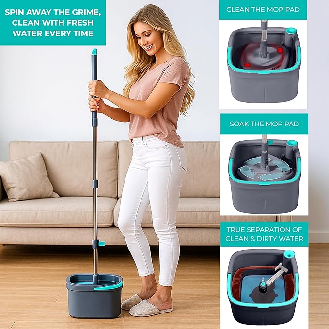 True &amp Tidy True Clean Spin Mop &amp Bucket System – Dual Compartment Design for Clean &amp Dirty Water 360° Swivel Mop Head Built-in Scrubbing Brush Stainless Steel Handle &amp 2 Reusable M