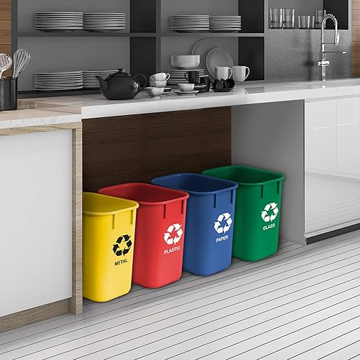 Acrimet Wastebasket Bin for Recycling 3.25 Gallon/13 Quart/12 Liter (Made of Plastic) (Metal/Yellow Paper/Blue Glass/Green Plastic/Red) (Set of 4)
