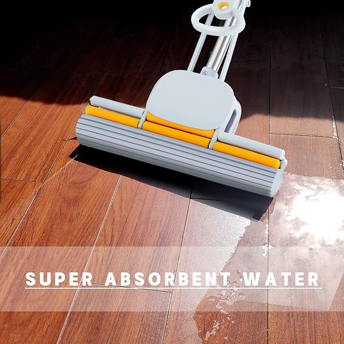 PVA Sponge Mops for Floor Cleaning Squeeze with 60 Long Handle Self Wringing Mop with 15 Head for Kitchen Bathroom Tiles Sponge Mops for Floor Cleaning with Wringer DUDTO