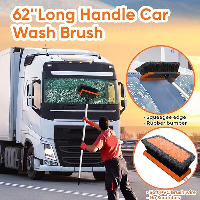 Wontolf 62'' Car Wash Brush with Long Handle Scratch-Free Soft Bristles Sturdy Car Wash Mop Complete Cleaning Brush Kit Wash Mitt Towel Windshield Squeegee Wheel Tire Brush for Car Truck RV Orange