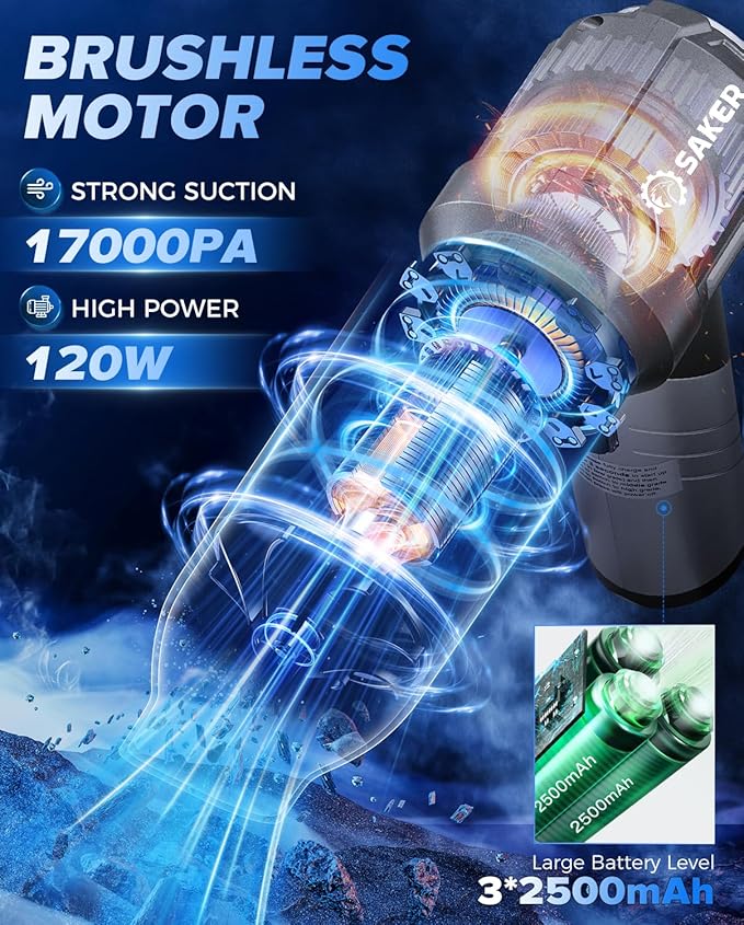 Saker Car Vacuum Portable Cordless Foldable Mini Handheld Vacuum Cordless and Air Duster 17000PA High Power Vacuum Cleaners for HomeCarsOffice Cleaning HL133 Silver
