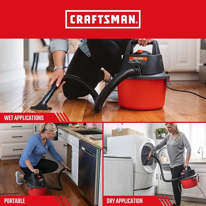CRAFTSMAN CMXEVBE17250 2.5 Gallon 2.5 Peak HP Wet Dry Vac Portable Shop Vacuum Wet and Dry with Filter Bag Hose and Attachments for Cleaning in the Home