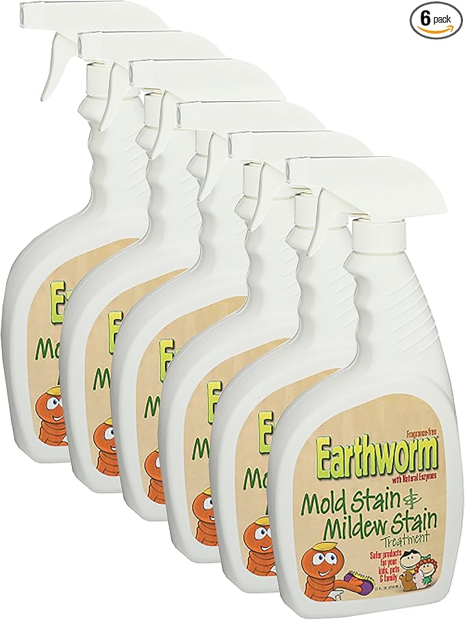 Earthworm Mold Stain and Mildew Stain Remover Spray Treatment - Natural Enzymes Safer for Family Environmentally Responsible - 22 oz (Pack of 6)