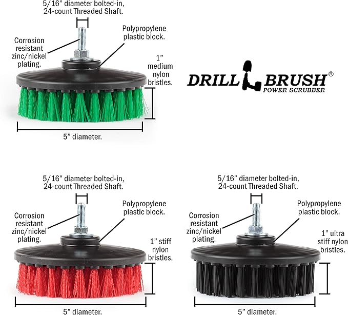 Construction Tools - Medium Stiff Ultra Stiff Scrub 3 Brush Kit - Threaded - 5/16 x 24 - fits Electric - Cordless - Air Pneumatic - Dual Action - Orbital - Rotary - Buffer - Polisher - Machine