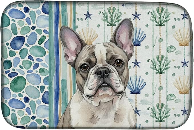 Caroline's Treasures Pied French Bulldog Coastal Sea Glass Dish Drying Mat Absorbent Dish Drying Mat Pad for Kitchen Counter Dish Drainer Mat for Countertop 14 x 21 Multicolor