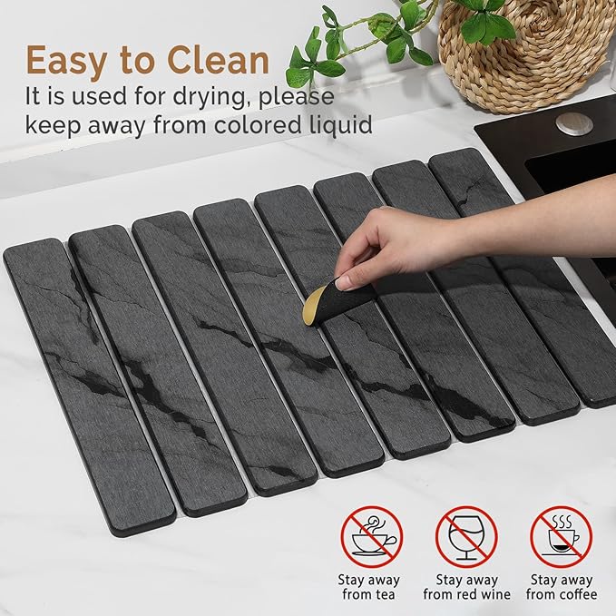 2 PCS Stone Dish Drying Mat for Kitchen CounterQuick Dry Stone Dishes MatsMarbled Water Absorbing Diatomaceous Earth Drying Pad for Countertop Bottles Utensils Cups（Dark Gray 20×14 &amp 8x4）