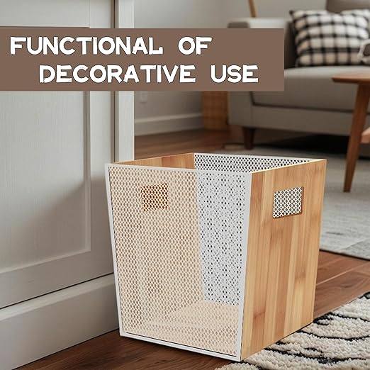 Bamboo Wooden Trash Can with Mesh Unique Office Decorative Wastebasket Wood Garbage Can for Bedroom Bathroom Laundry Room Kitchen Office Dorm (Natural 5 Gallons)
