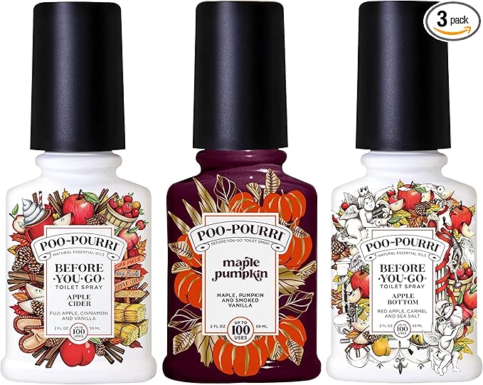 Poo-Pourri Before-You-Go Toilet Spray Bottle Maple Pumpkin Original Apple Bottom and Apple Cider 2 Ounce Bottles Set